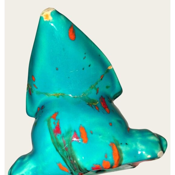 Vintage Turquoise Ceramic Bird Planter Orange Black Splatter - Picture 9 of 10